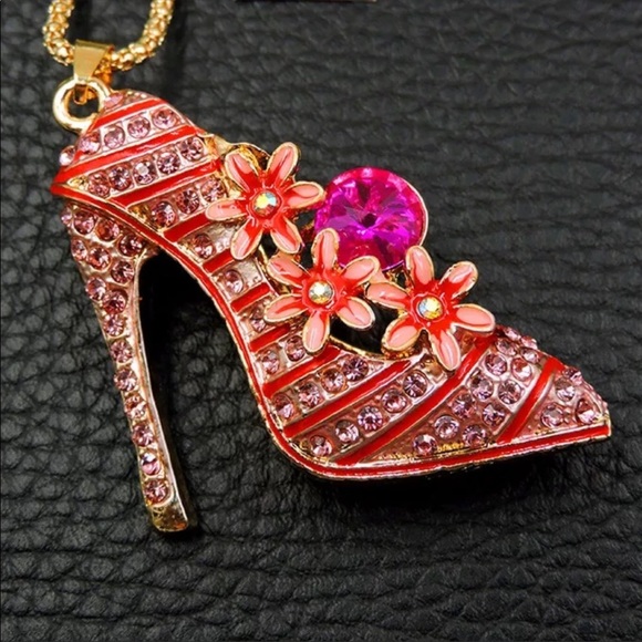 Pink and Red Rhinestone Floral Shoe Necklace - Picture 1 of 1